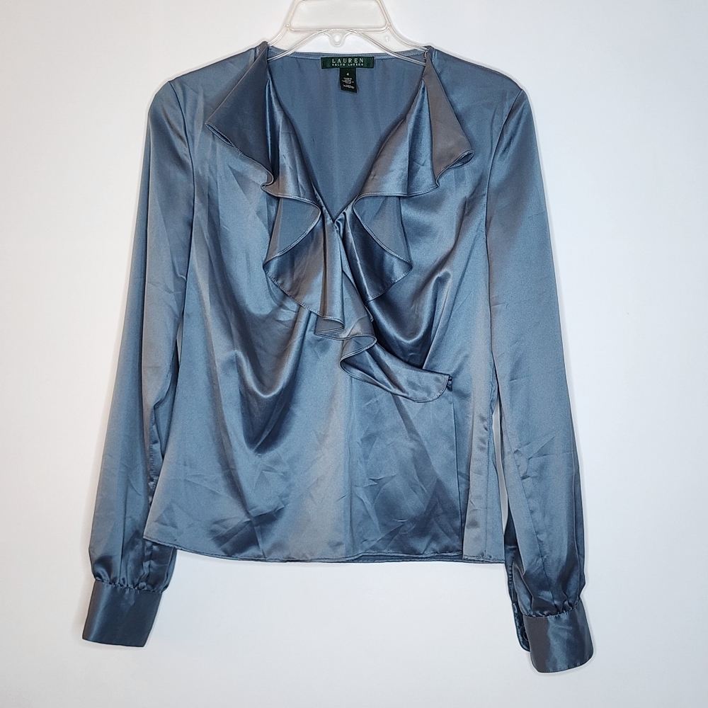 Ralph Lauren Ruffle Neck Blue Wrap Blouse size 4
